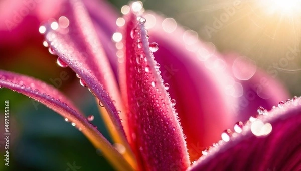 Obraz Bright pink flower petals adorned with morning dew glisten in the sunlight showcasing nature's beauty in springtime