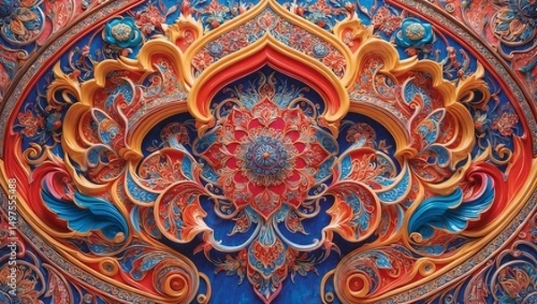 Obraz Exquisite ornamental design with vibrant colors and intricate patterns adorning a traditional structure