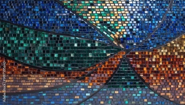 Obraz Colorful mosaic artwork featuring intricate patterns in vibrant shades displayed in a bright gallery setting