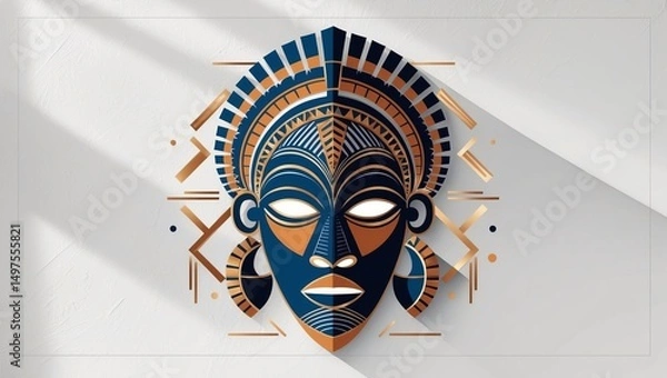 Obraz African mask design featuring geometric patterns, vibrant colors, and traditional motifs on a light background