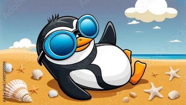 Obraz Penguin enjoying a relaxing day at the beach with sunglasses and seashells around