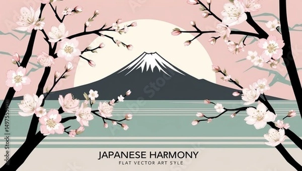 Obraz Cherry blossoms frame Mount Fuji in a serene landscape showcasing traditional Japanese harmony in a flat vector art style