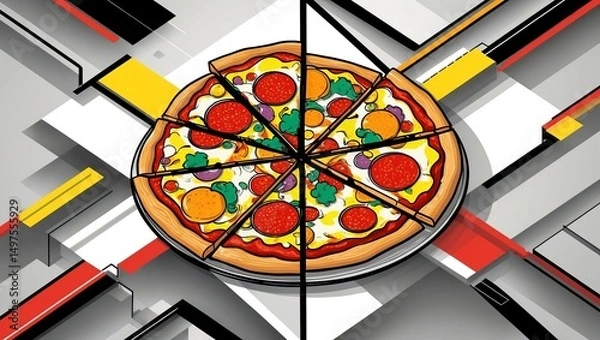 Obraz Delicious pepperoni and vegetable pizza on a modern geometric background with vibrant colors and sharp shapes