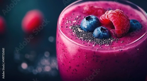 Obraz Close-up of a vibrant pink smoothie with blueberries and raspberries, on a dark background4886-8ba0-d766965297f7