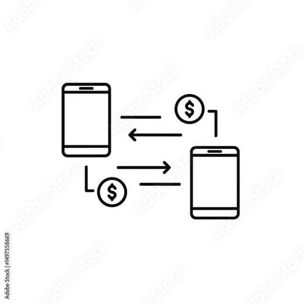Obraz Icon of mobile money transfer between smartphones with coins in a minimalist style on white background with copy space