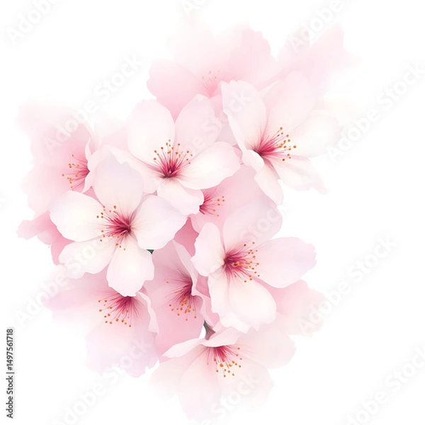 Fototapeta A cluster of light pink cherry blossoms with red centers against a solid black background image view isolated with white background