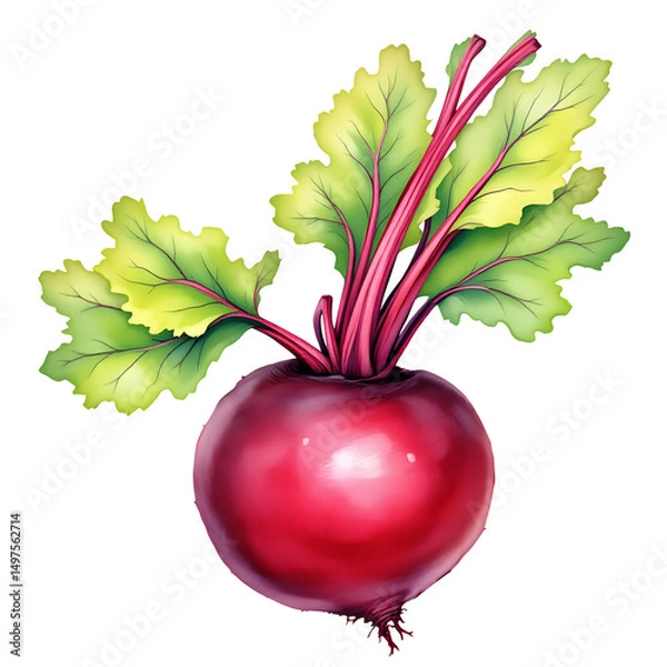 Fototapeta Illustration of a vibrant red beet with green leaves against a black background close up view isolated with white background