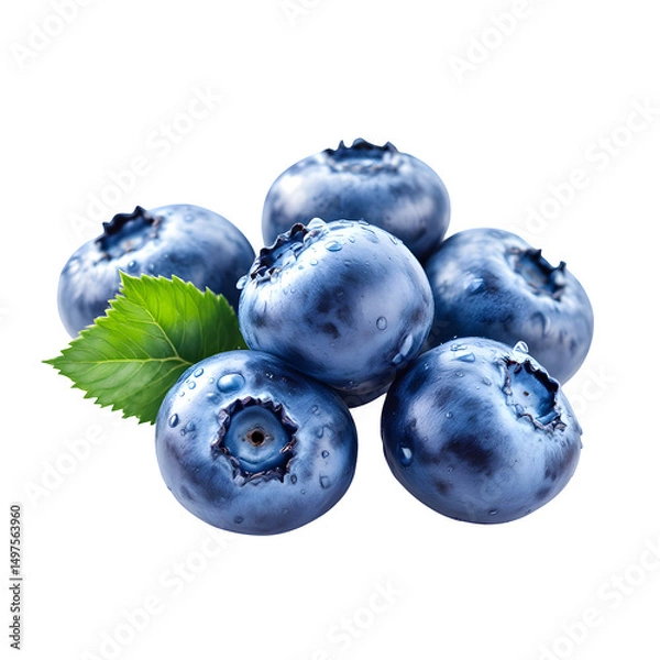 Fototapeta A small pile of blueberries with water droplets and a single green leaf on a black background isolated with white background