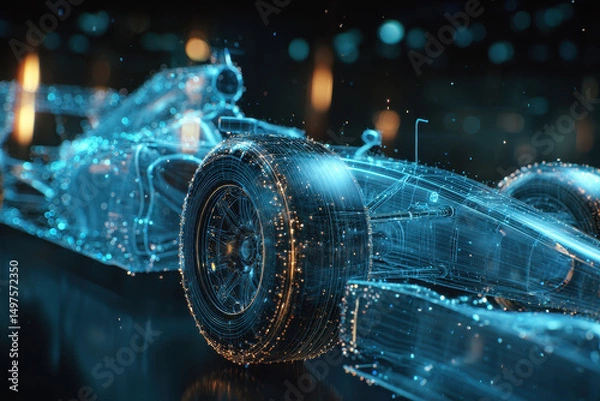 Fototapeta Futuristic digital car with glowing lines and dots, showcasing innovation