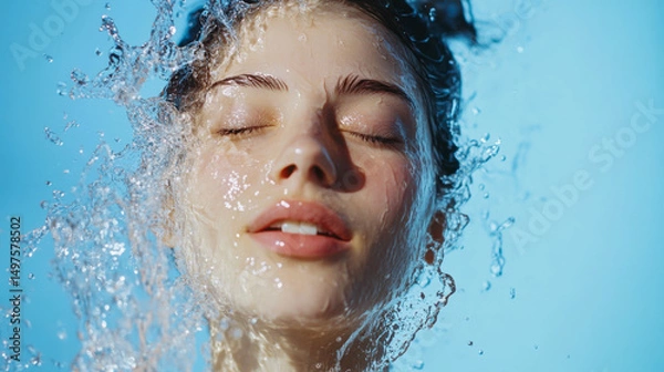 Fototapeta Refreshing water splashes over a serene young woman's face in a tranquil aquatic setting during daytime