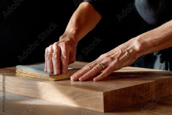 Fototapeta weathered hands smoothing wood surface with sandpaper, precision and care