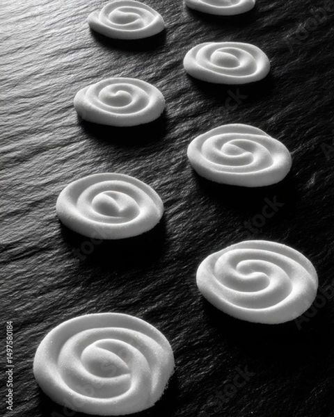 Fototapeta White sugar arranged into spiral patterns on a dark slate