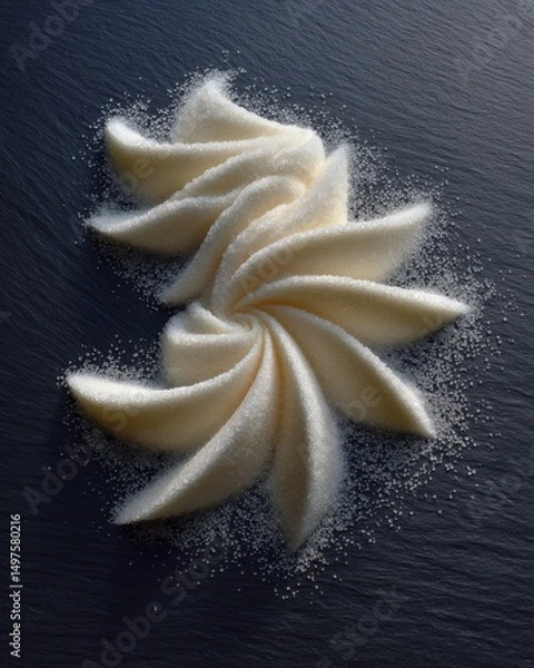 Fototapeta White sugar arranged into spiral patterns on a dark slate