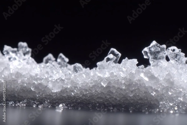 Fototapeta White sugar crystals in sharp focus, black background, dramatic contrast