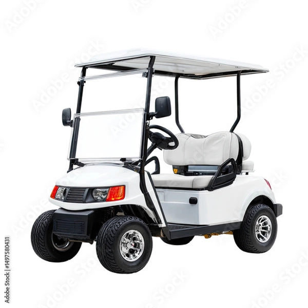 Fototapeta White golf cart, four passenger capacity.  Features a canopy and  padded seats