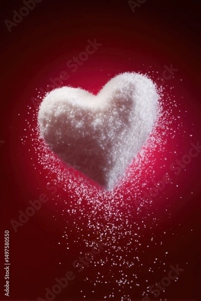 Fototapeta White sugar forming a heart shape on red background, Valentine theme