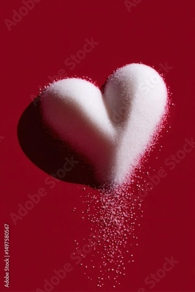 Fototapeta White sugar forming a heart shape on red background, Valentine theme