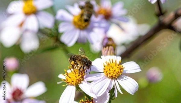 Fototapeta Bees Gathering Nectar from Delicate White and Yellow Flowers in Sunny Garden