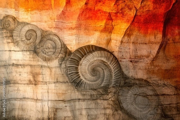 Fototapeta Ammonite fossils embedded in ancient, layered rock; a testament to prehistoric life and geological time.