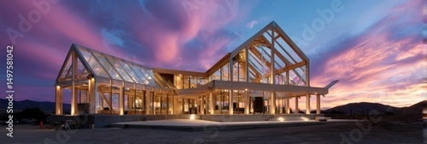 Fototapeta wide shot of wood structure under construction, sunset lighting, exposed timber frames