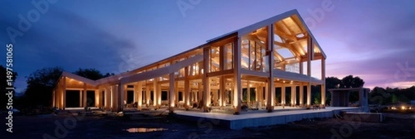 Fototapeta wide shot of wood structure under construction, sunset lighting, exposed timber frames