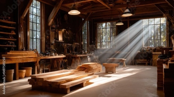 Fototapeta wide view of a busy carpenter workshop, tools on walls, wood planks stacked, sunlight rays