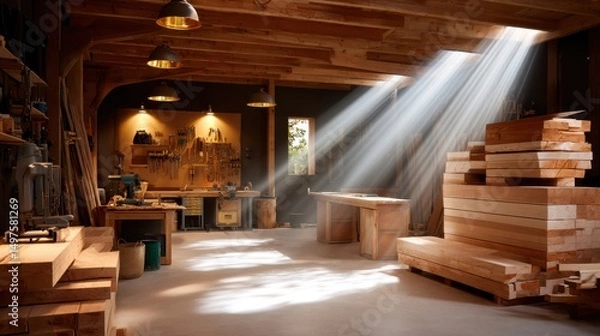 Fototapeta wide view of a busy carpenter workshop, tools on walls, wood planks stacked, sunlight rays