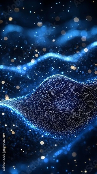 Fototapeta Abstract blue wave pattern with glowing particles.  Dark background, shimmering effect