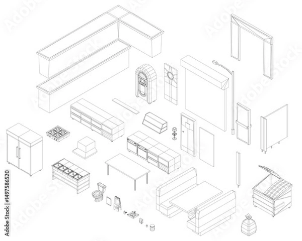 Fototapeta A drawing of a room with a couch, table, and chairs. The couch is missing a cushion. Isometric view. 3D