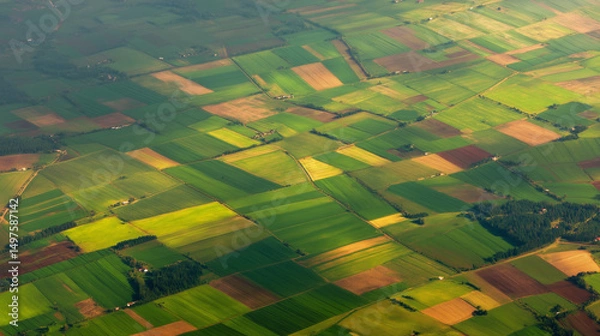 Fototapeta Aerial view of vast farmland with green crops divided into neat plots, symbolizing land leasing contracts and sustainable agriculture. Agricultural business concept.
