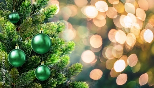 Fototapeta decorated xmas spruce tree with christmas red ornaments on green background with lights merry christmas card winter holiday festive theme happy new year