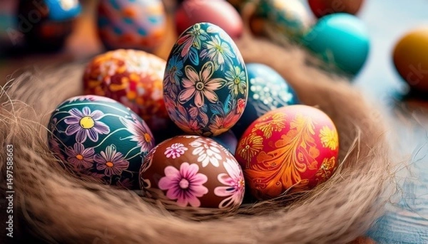 Fototapeta close up of painted easter eggs with floral patterns generative ai