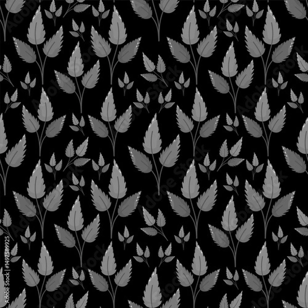 Fototapeta Gray monochrome leaf seamless square cropped pattern illustration suitable for backgrounds and textile designs. Variety of leaf shapes and sizes. Changeable dark background. Elegant texture.