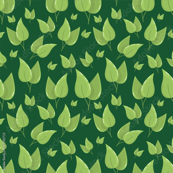 Fototapeta Green leaf seamless square cropped pattern illustration suitable for backgrounds and textile designs. Variety of leaf shapes and sizes. Changeable green background. Elegant texture.