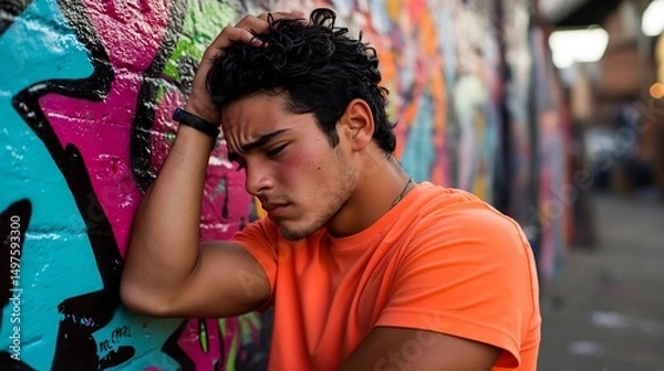 Fototapeta Thoughtful Young Man Leaning Against a Vibrant Graffiti Wall