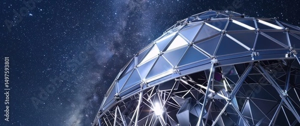 Fototapeta Chrome observatory dome metallic geometric patterns silver structural frames against a starry night sky.