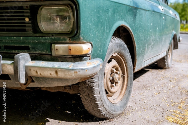 Fototapeta Old rusty vintage car with peeling paint and worn tire on dusty street