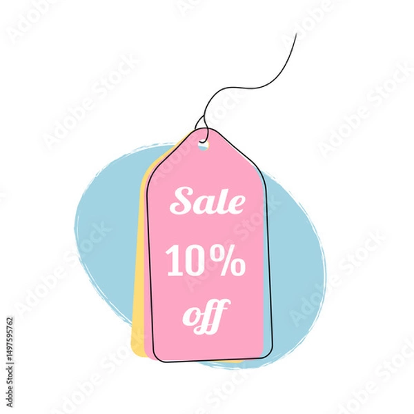 Fototapeta Cute sale label on ribbon for price off. 10% off price tag. Super discounts tag for shop, markets promotion. Simple childish price tag isolated on white background. Modern flat style design sale beige