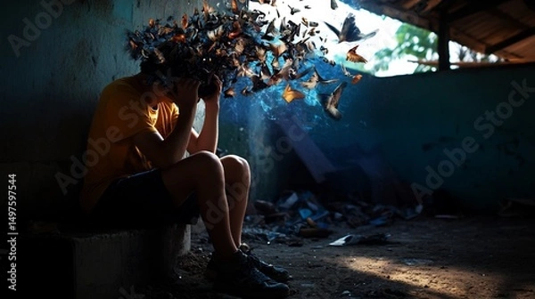 Fototapeta The Flight of Thoughts: A Boy's Struggle in a Derelict Building