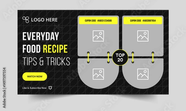 Fototapeta Food recipe daily tips and tricks video cover banner design, delicious food recipe tips and tricks video cover banner design, editable vector eps 10 file format	