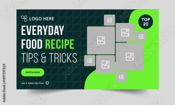 Fototapeta Food recipe daily tips and tricks video cover banner design, delicious food recipe tips and tricks video cover banner design, editable vector eps 10 file format	