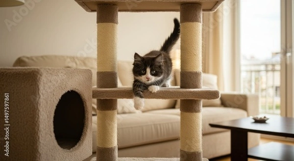 Fototapeta Playful kitten on a cat tree