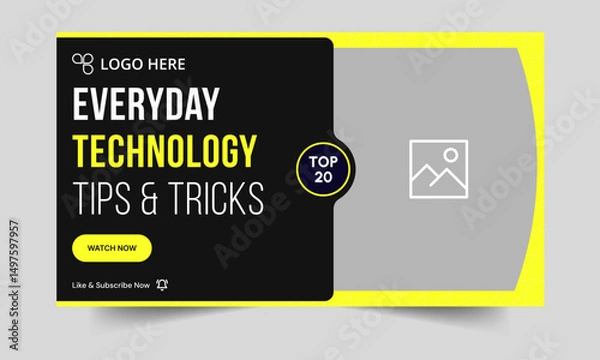 Fototapeta Daily technology tips and tricks video thumbnail banner design, daily photography learning tips and techniques video cover banner design, editable vector eps 10 file format