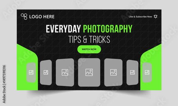 Fototapeta Trendy photography daily tips and tricks video thumbnail banner design, daily photography learning tips and techniques video cover banner design, editable vector eps 10 file format
