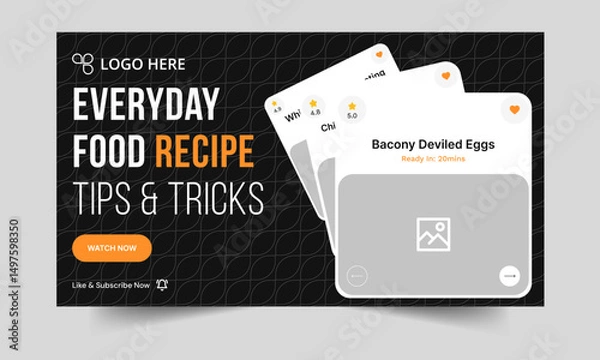 Fototapeta Food recipe daily tips and tricks video cover banner design, delicious food recipe tips and tricks video cover banner design, editable vector eps 10 file format	