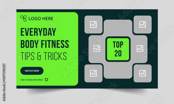 Fototapeta Trendy fitness video thumbnail banner design, fitness tips and tricks banner design, customizable vector eps 10 file format