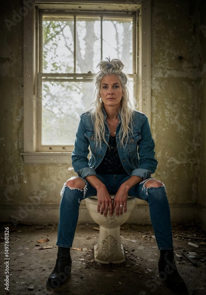 Fototapeta woman on toilet bowl in an old ruin