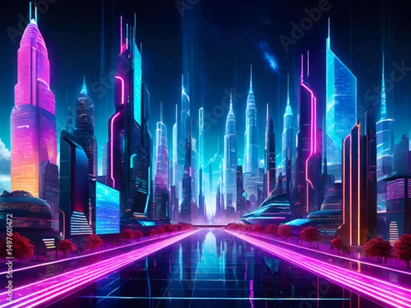 Obraz A futuristic city skyline with skyscrapers and blue purple neon reflecting lights.Urban vector cityscape at night. Cyberpunk cityscape.Sci Fi concept background for design.