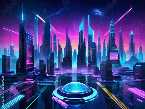 Obraz A futuristic city skyline with skyscrapers and blue purple neon reflecting lights.Urban vector cityscape at night. Cyberpunk cityscape.Sci Fi concept background for design.