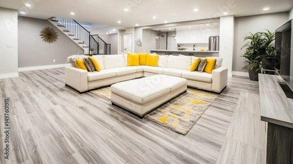 Fototapeta Modern Basement Design Featuring White Sectional Sofa